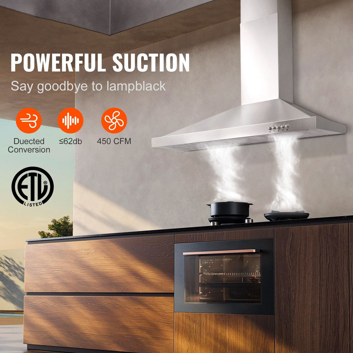 Wall Mount Range Hood, Ductless Chimney-Style Kitchen Stove Vent, Stainless Steel Permanent Filter with 3-Speed Exhaust Fan, 2 Baffle Filters, LED Lights, Push Button, Silver (30 inch)