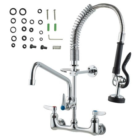 Wall-Mounted Brass Kitchen Faucet, 21" Tall, 8" Installation Width, Includes 12" Rotating Spout and Pull-Down Sprayer, Suitable for Single, Double, or Triple Sinks