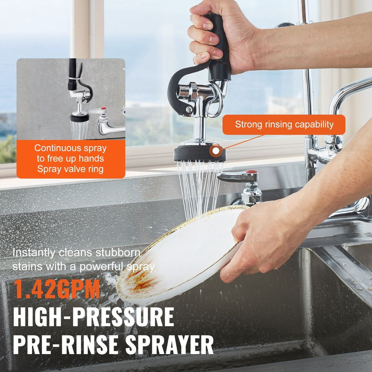 Wall-Mounted Brass Kitchen Faucet, 21" Tall, 8" Installation Width, Includes 12" Rotating Spout and Pull-Down Sprayer, Suitable for Single, Double, or Triple Sinks