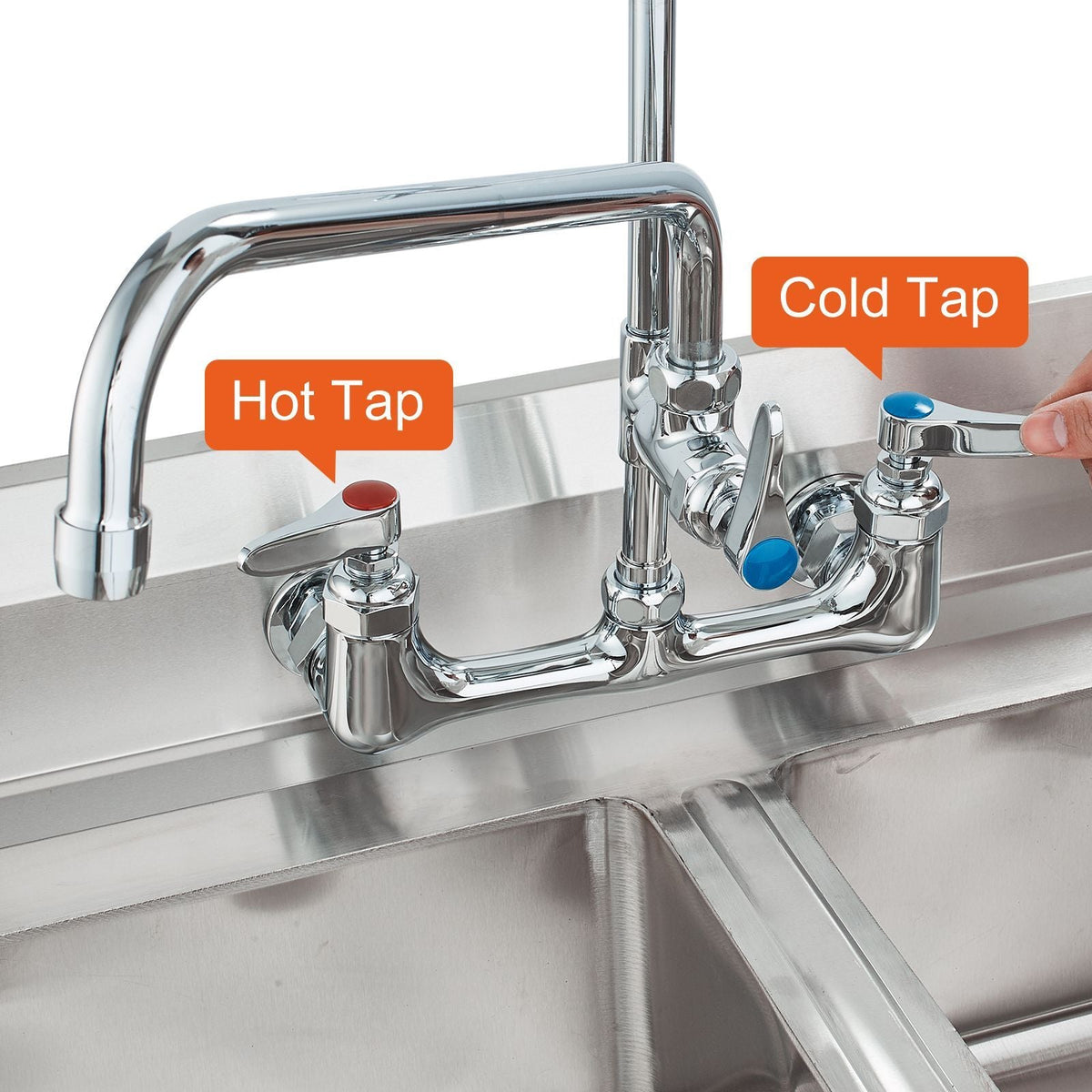 Wall-Mounted Brass Kitchen Faucet, 21" Tall, 8" Installation Width, Includes 12" Rotating Spout and Pull-Down Sprayer, Suitable for Single, Double, or Triple Sinks
