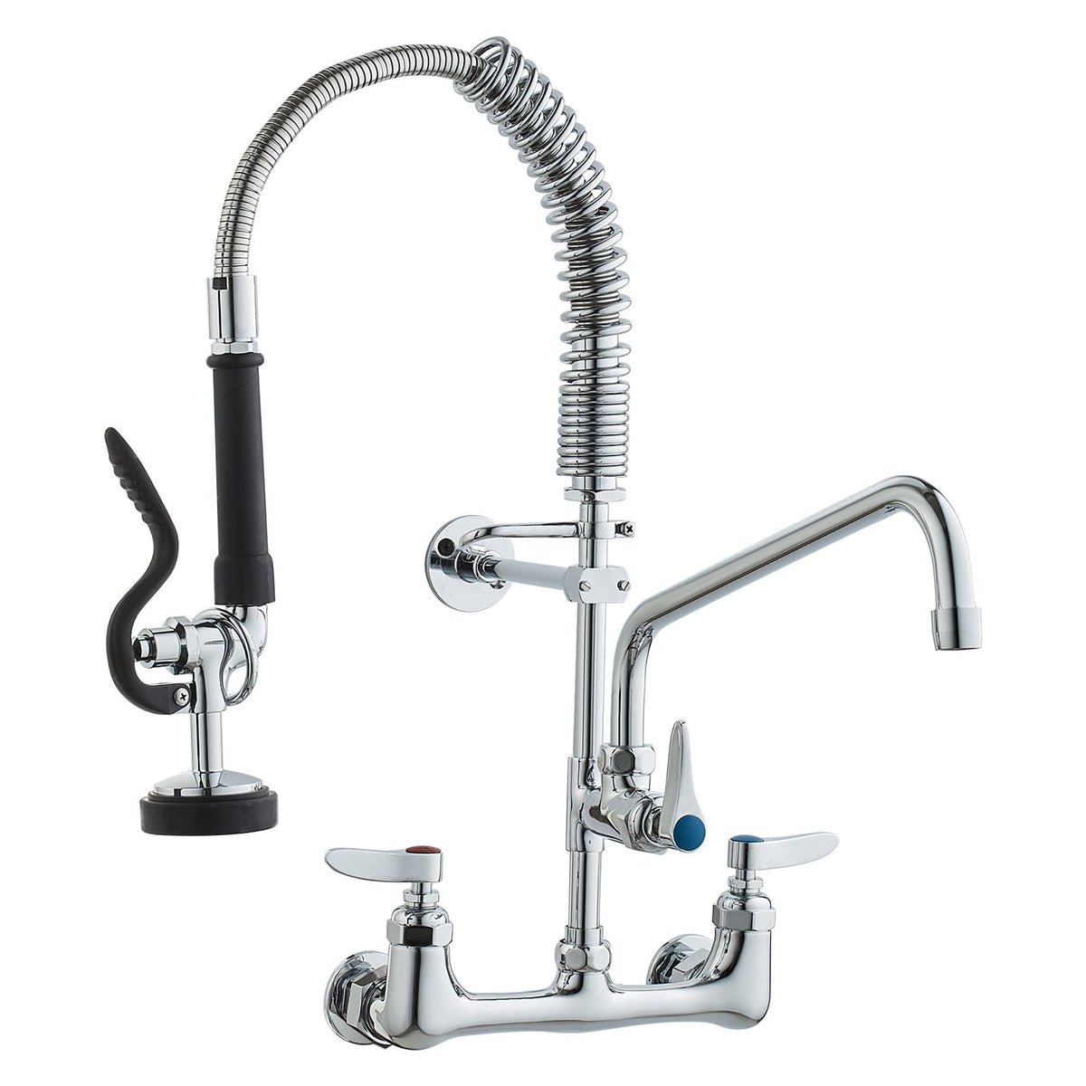 Wall-Mounted Brass Kitchen Faucet, 21" Tall, 8" Installation Width, Includes 12" Rotating Spout and Pull-Down Sprayer, Suitable for Single, Double, or Triple Sinks