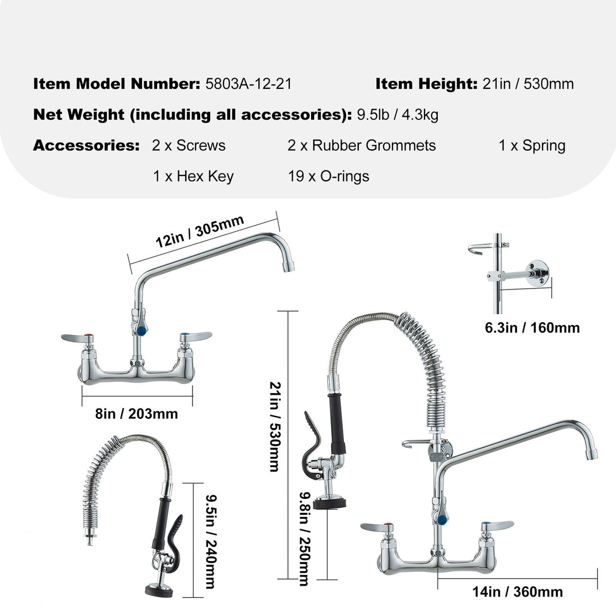 Wall-Mounted Brass Kitchen Faucet, 21" Tall, 8" Installation Width, Includes 12" Rotating Spout and Pull-Down Sprayer, Suitable for Single, Double, or Triple Sinks