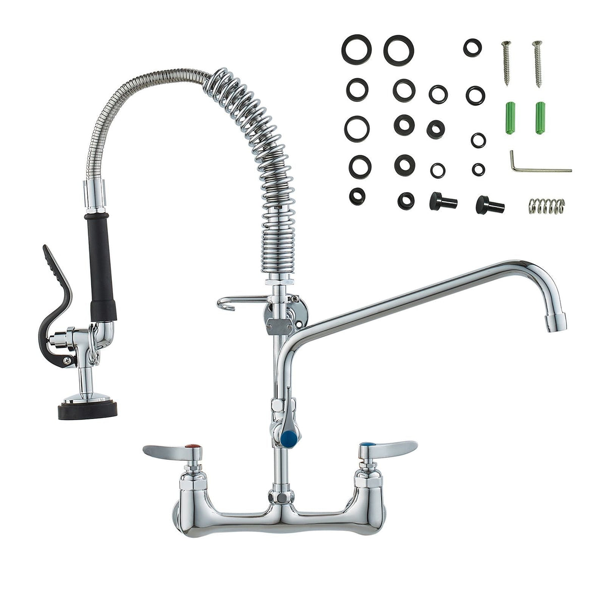Wall-Mounted Brass Kitchen Faucet, 21" Tall, 8" Installation Width, Includes 12" Rotating Spout and Pull-Down Sprayer, Suitable for Single, Double, or Triple Sinks