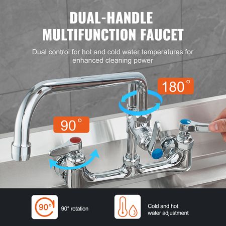 Wall-Mounted Brass Kitchen Faucet, 36" Tall, 8" Installation Width, Includes 12" Rotating Spout and Pull-Down Sprayer, Suitable for Single, Double, or Triple Sinks