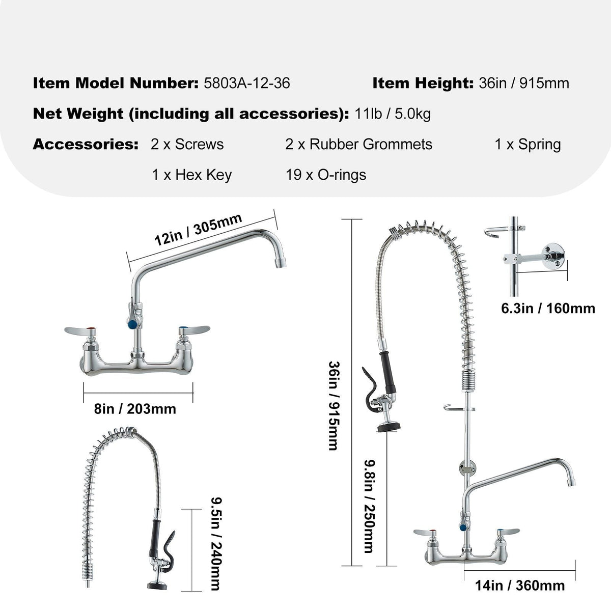 Wall-Mounted Brass Kitchen Faucet, 36" Tall, 8" Installation Width, Includes 12" Rotating Spout and Pull-Down Sprayer, Suitable for Single, Double, or Triple Sinks