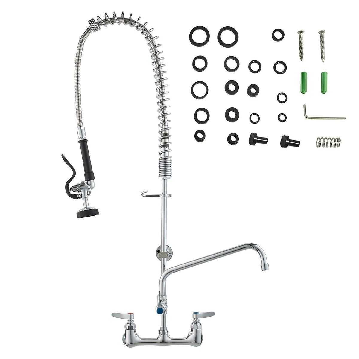 Wall-Mounted Brass Kitchen Faucet, 36" Tall, 8" Installation Width, Includes 12" Rotating Spout and Pull-Down Sprayer, Suitable for Single, Double, or Triple Sinks
