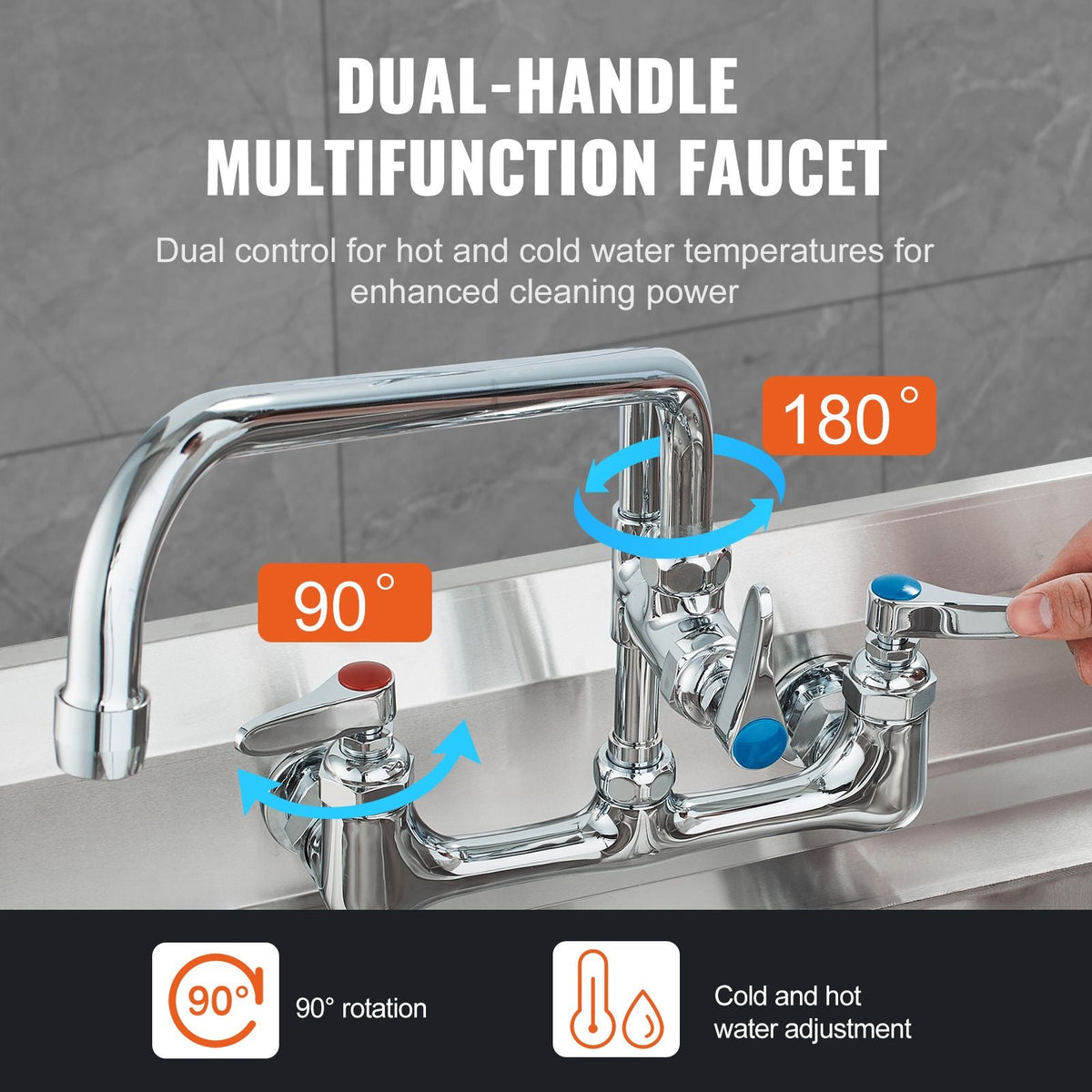Wall-Mounted Brass Kitchen Faucet, 36" Tall, 8" Installation Width, Includes 12" Rotating Spout and Pull-Down Sprayer, Suitable for Single, Double, or Triple Sinks