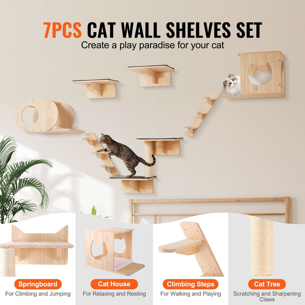 Wall Mounted Cat Shelves, Cat Wall Shelves and Perches with Jumping Boards, Cat Beds, Hammocks & Cat Tree, Cat Furniture and Shelves up to 40 lbs for Sleeping, Playing, Climbing, Set of 7