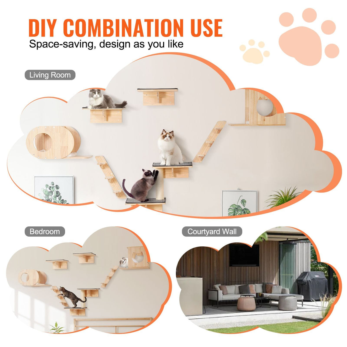 Wall Mounted Cat Shelves, Cat Wall Shelves and Perches with Jumping Boards, Cat Beds, Hammocks & Cat Tree, Cat Furniture and Shelves up to 40 lbs for Sleeping, Playing, Climbing, Set of 7