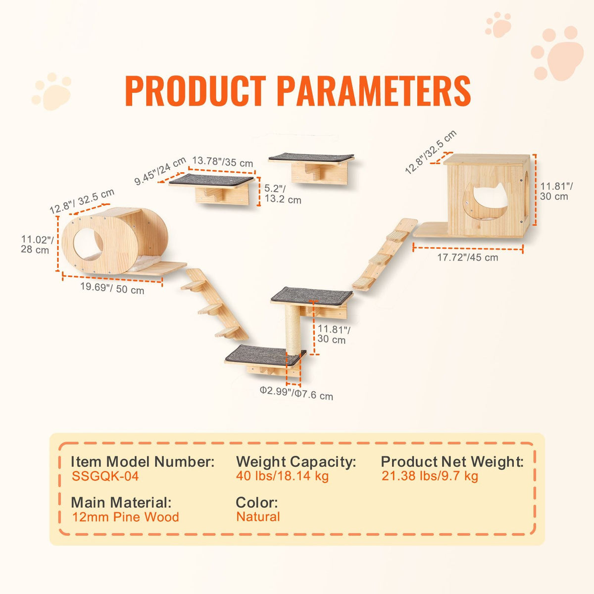 Wall Mounted Cat Shelves, Cat Wall Shelves and Perches with Jumping Boards, Cat Beds, Hammocks & Cat Tree, Cat Furniture and Shelves up to 40 lbs for Sleeping, Playing, Climbing, Set of 7