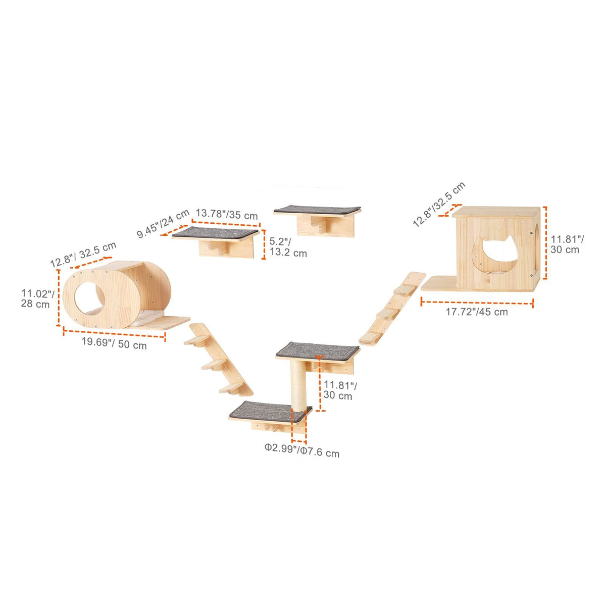 Wall Mounted Cat Shelves, Cat Wall Shelves and Perches with Jumping Boards, Cat Beds, Hammocks & Cat Tree, Cat Furniture and Shelves up to 40 lbs for Sleeping, Playing, Climbing, Set of 7