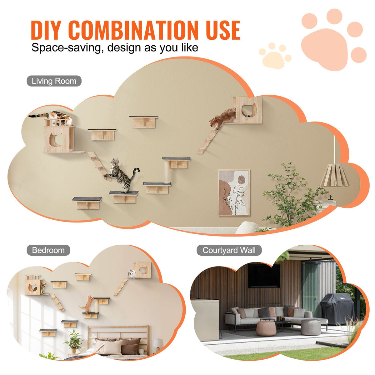 Wall Mounted Cat Shelves, Cat Wall Shelves and Perches with Jumping Boards, Cat Beds, Hammocks & Cat Tree, Cat Furniture and Shelves up to 40 lbs for Sleeping, Playing, Climbing, Set of 9