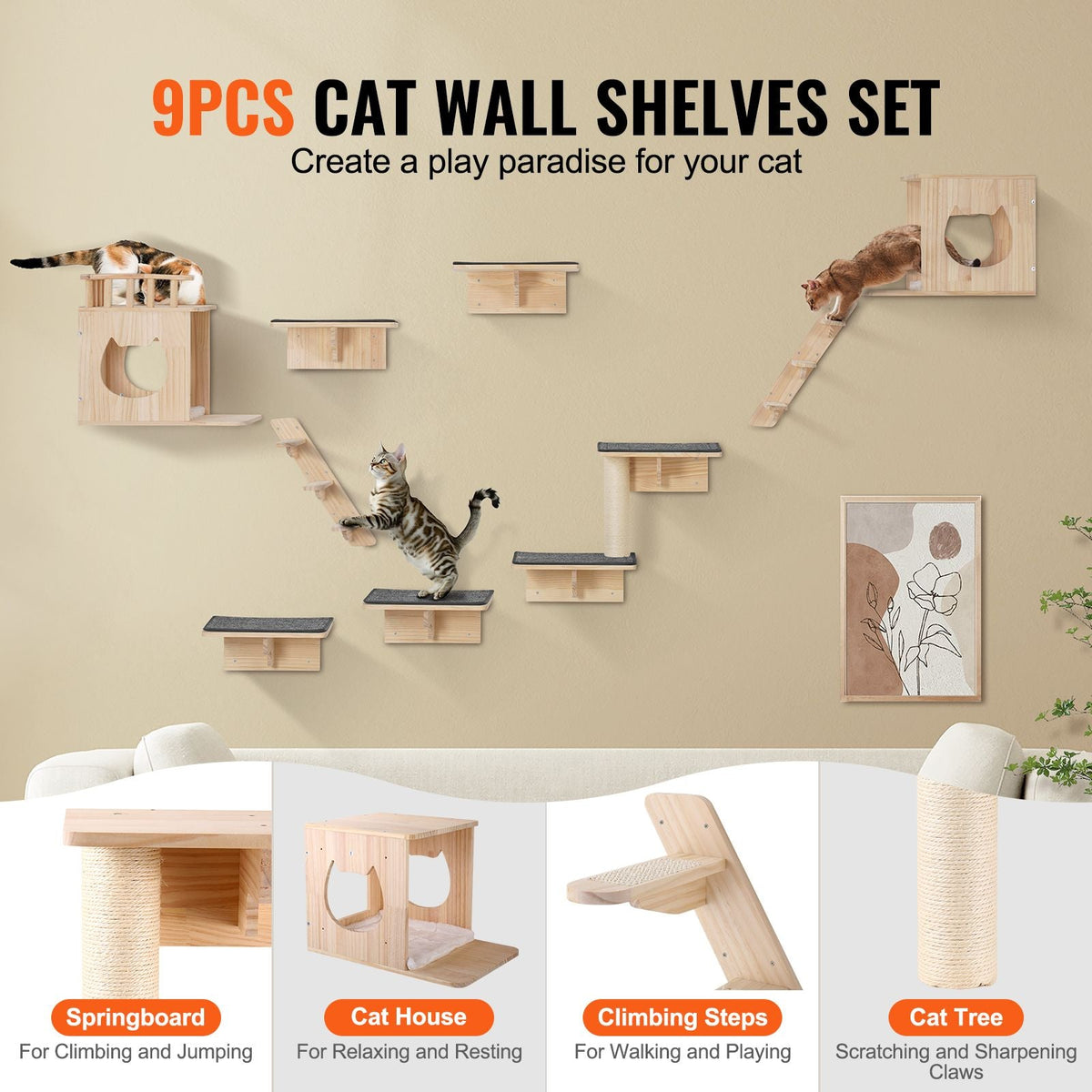 Wall Mounted Cat Shelves, Cat Wall Shelves and Perches with Jumping Boards, Cat Beds, Hammocks & Cat Tree, Cat Furniture and Shelves up to 40 lbs for Sleeping, Playing, Climbing, Set of 9