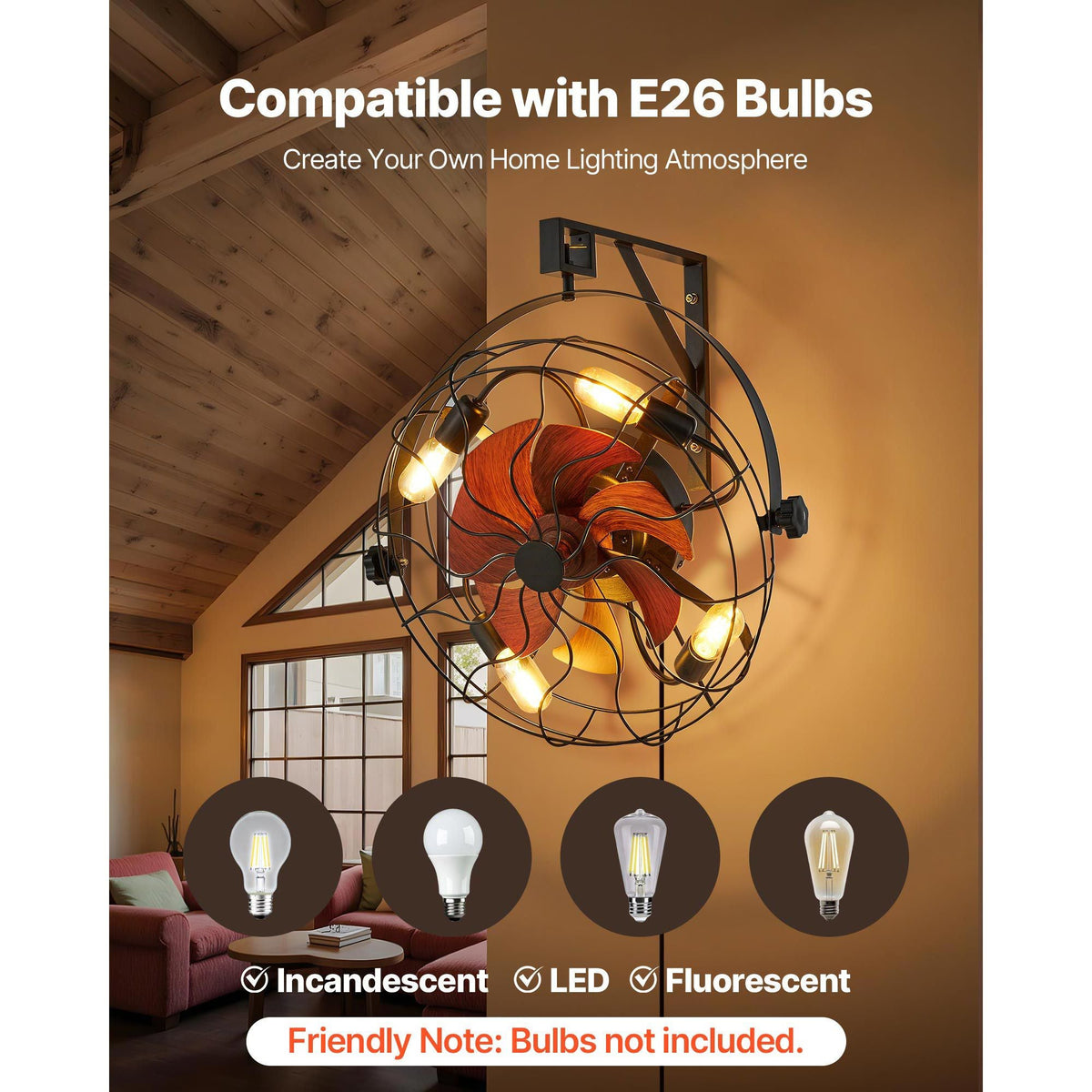 Wall Mounted Fan with Lights, 21 inch Wall Mount Fan with Remote, 6 Speeds Plug in Wall Fan, Timer, 360°Adjustable Tilt for Bedroom,Garage,Workshop (Compatible 4 E26 Bulb Sockets,No Bulb)