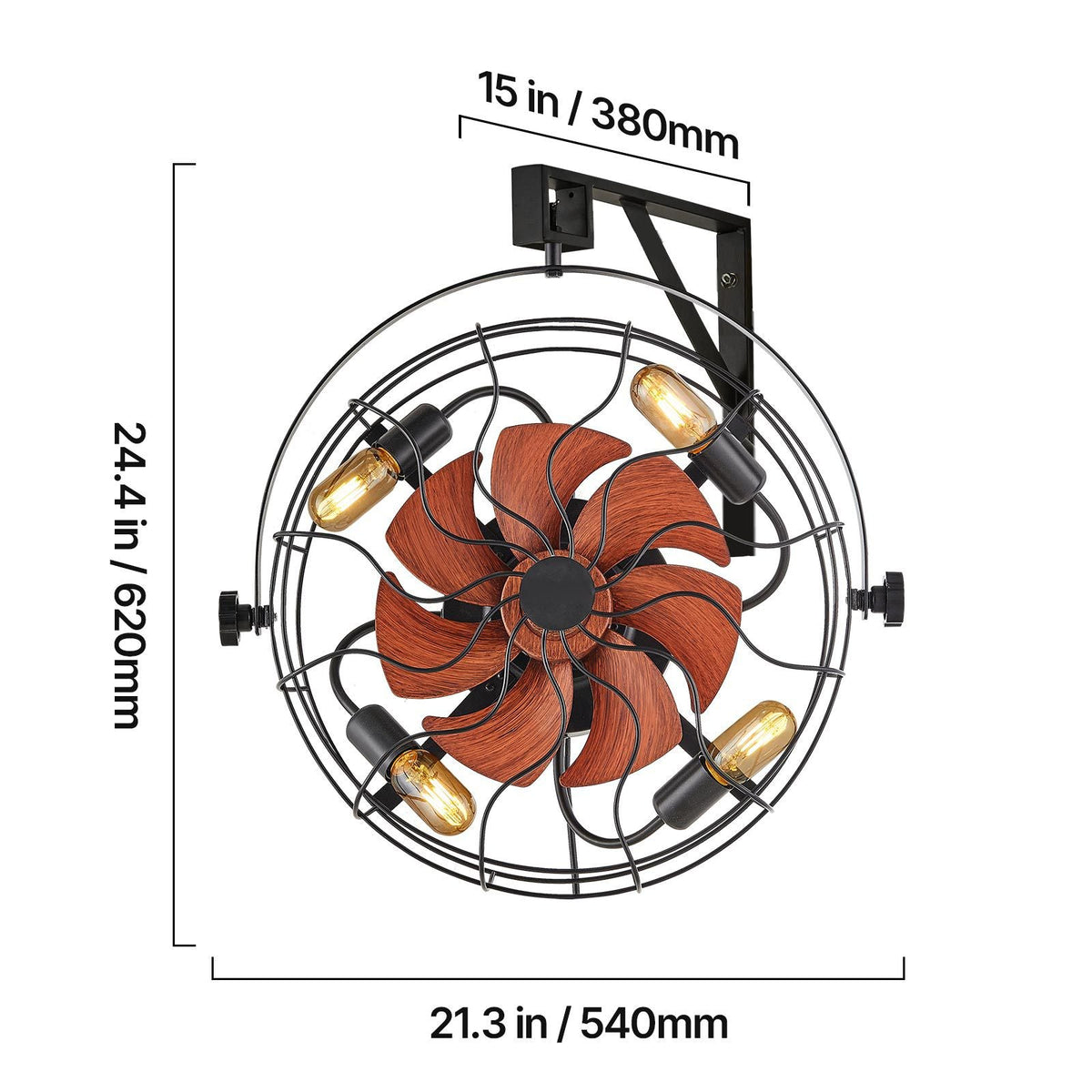 Wall Mounted Fan with Lights, 21 inch Wall Mount Fan with Remote, 6 Speeds Plug in Wall Fan, Timer, 360°Adjustable Tilt for Bedroom,Garage,Workshop (Compatible 4 E26 Bulb Sockets,No Bulb)