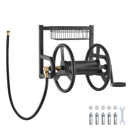 Wall Mounted Garden Hose Reel, Holds 125 ft 5/8-inch Hose, Heavy-Duty Water Hose Winder, Space-Saving Design, Outdoor Manual Reel with Brass Fitting and Storage Basket for Yard Lawn