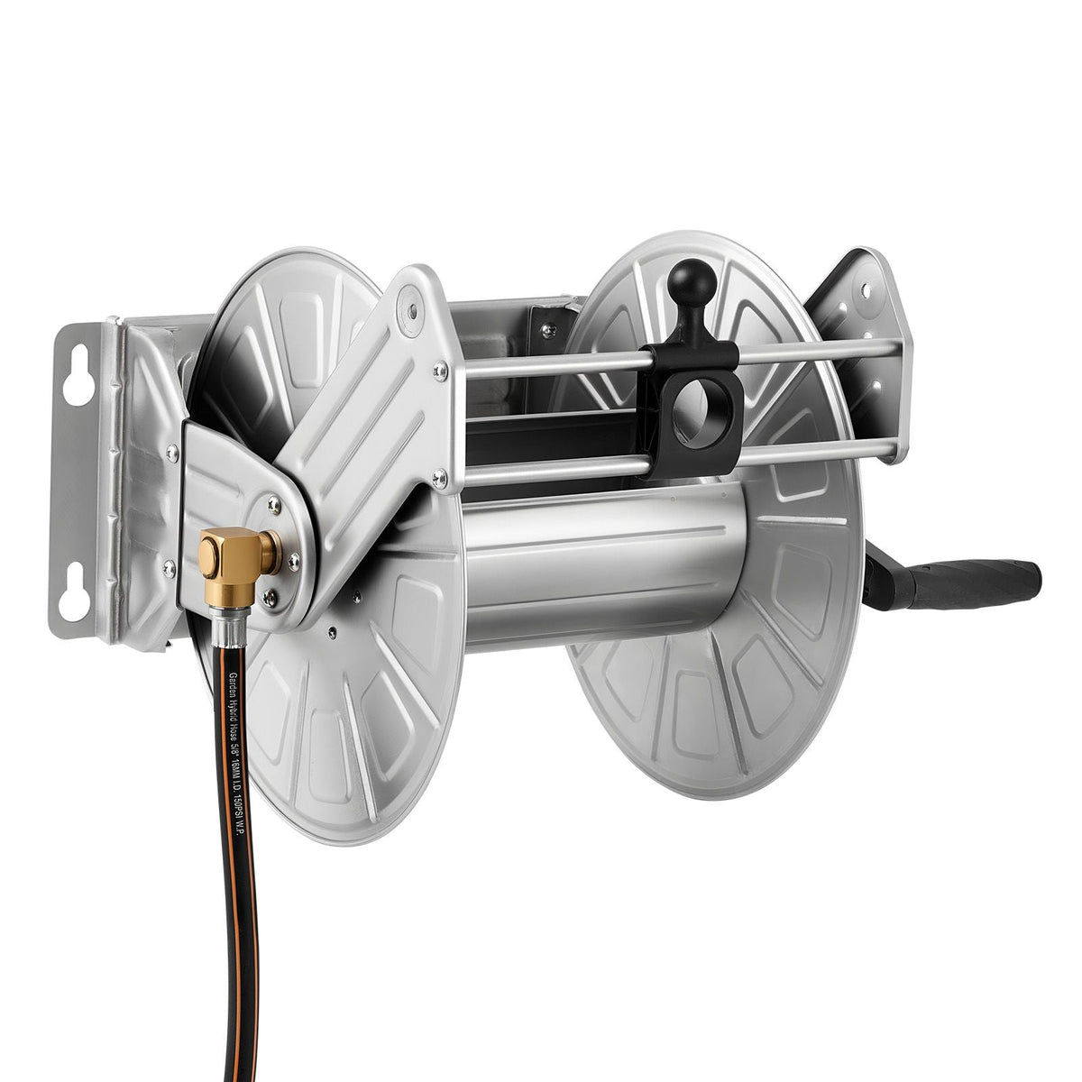 Wall Mounted Garden Hose Reel, Holds 150 ft 5/8-inch Water Hose Winder, Heavy-Duty Stainless Steel, Outdoor Manual Reel with Brass Fitting & Hose Guide, Space Saving, for Yard Lawn Garage