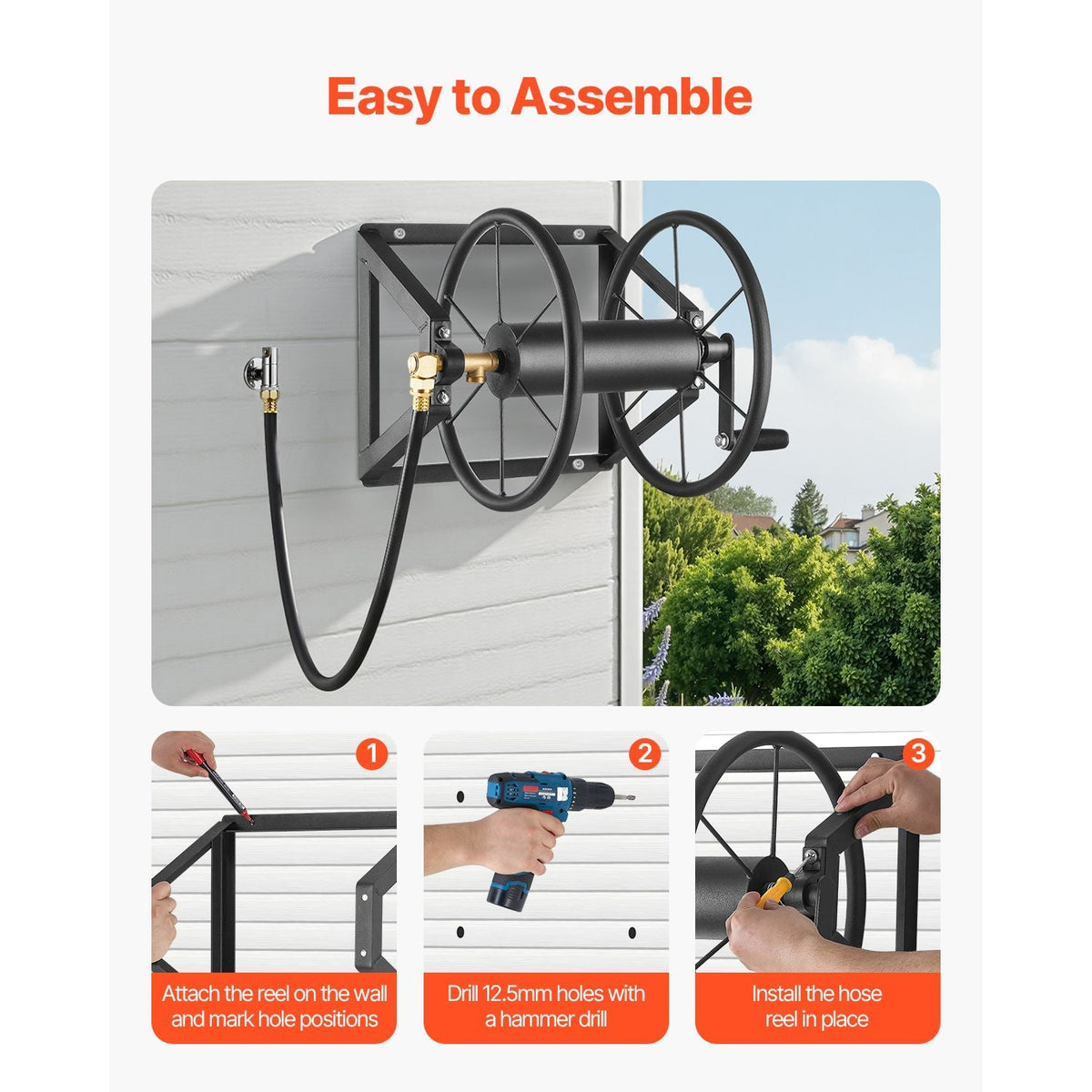 Wall Mounted Garden Hose Reel, Holds 200 ft 5/8-inch Manual Water Hose Winder, Heavy-Duty Steel, Outdoor Reel with Brass Fitting & 5ft Leader Hose, Space Saving, for Yard Lawn Garage