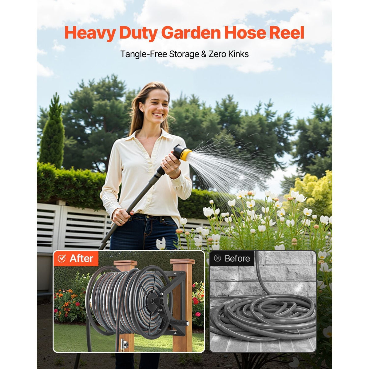 Wall Mounted Garden Hose Reel, Holds 200 ft 5/8-inch Manual Water Hose Winder, Heavy-Duty Steel, Outdoor Reel with Brass Fitting & 5ft Leader Hose, Space Saving, for Yard Lawn Garage