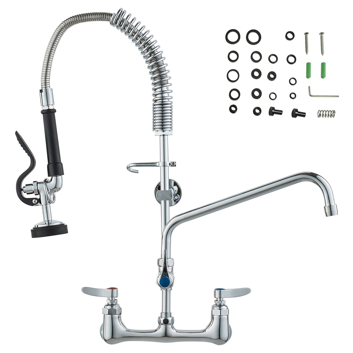 Wall-Mounted Kitchen Faucet, 25" Tall, 8" Center Distance, 12" Rotatable Spout, Includes Pre-Rinse Spray, Brass Build, Pull-Down Feature, Suitable for Multi-Compartment Sinks