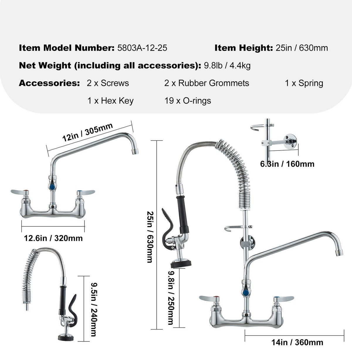 Wall-Mounted Kitchen Faucet, 25" Tall, 8" Center Distance, 12" Rotatable Spout, Includes Pre-Rinse Spray, Brass Build, Pull-Down Feature, Suitable for Multi-Compartment Sinks