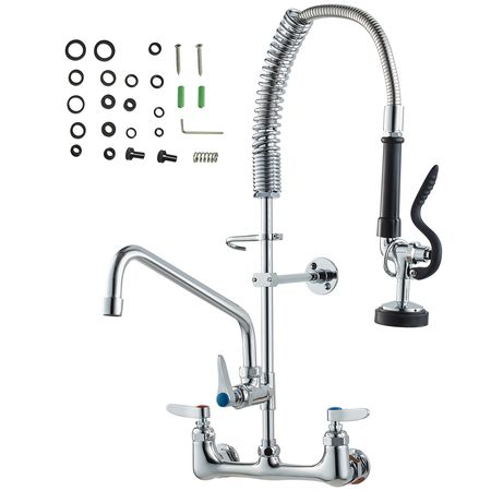Wall-Mounted Kitchen Faucet, 25" Tall, 8" Center Distance, 12" Rotatable Spout, Includes Pre-Rinse Spray, Brass Build, Pull-Down Feature, Suitable for Multi-Compartment Sinks