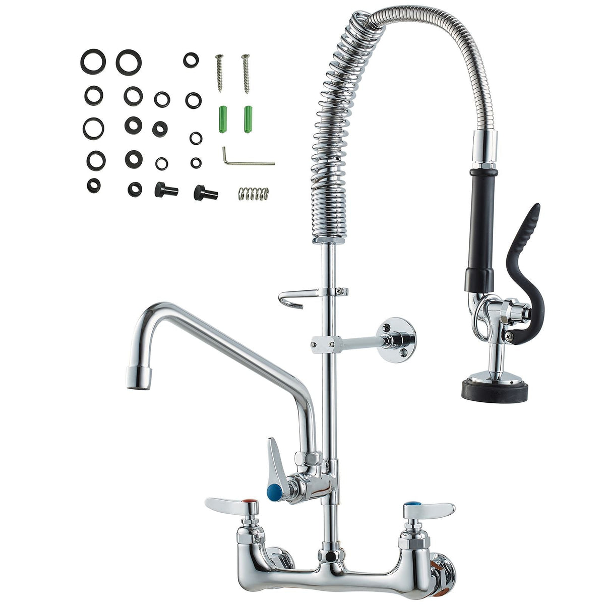 Wall-Mounted Kitchen Faucet, 25" Tall, 8" Center Distance, 12" Rotatable Spout, Includes Pre-Rinse Spray, Brass Build, Pull-Down Feature, Suitable for Multi-Compartment Sinks