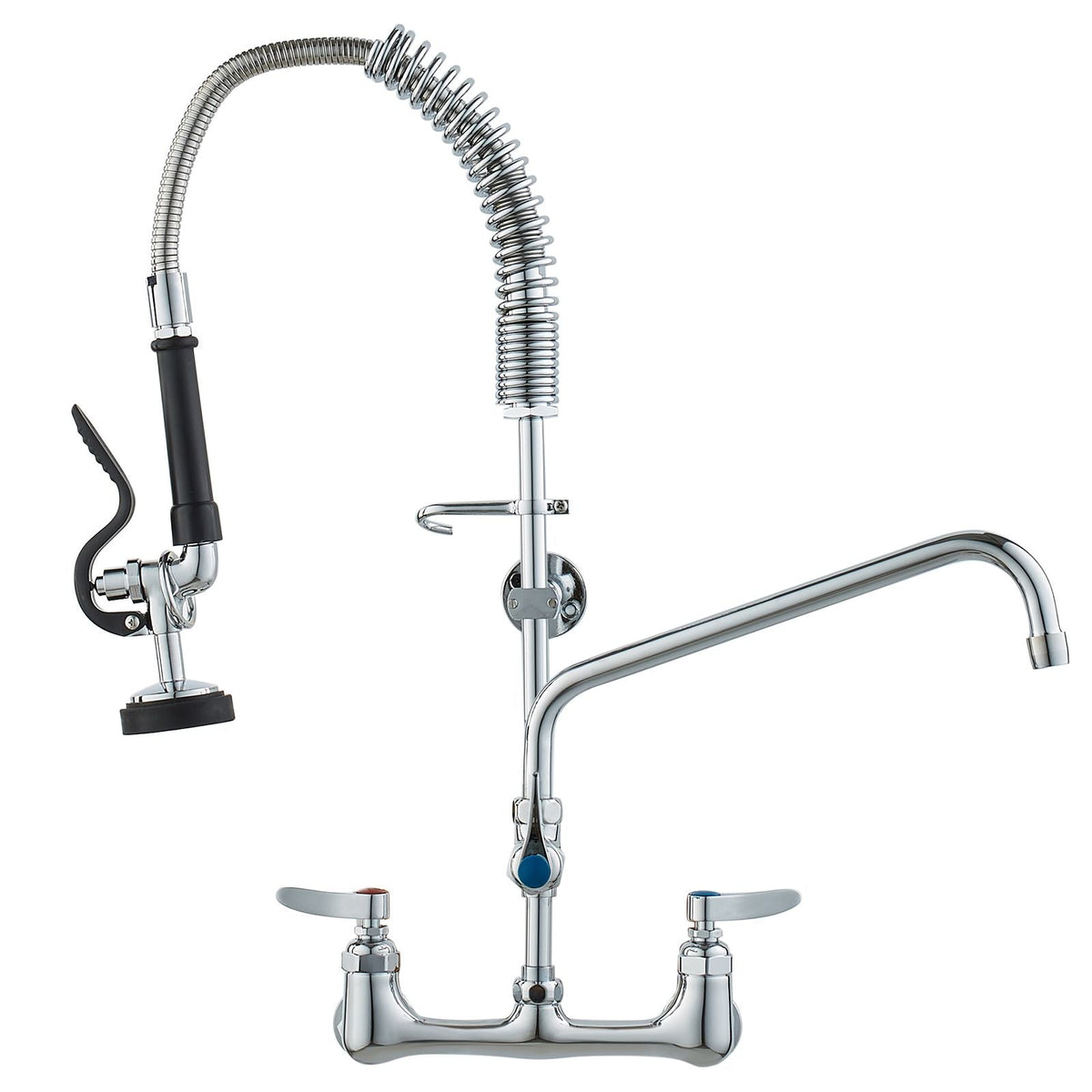 Wall-Mounted Kitchen Faucet, 25" Tall, 8" Center Distance, 12" Rotatable Spout, Includes Pre-Rinse Spray, Brass Build, Pull-Down Feature, Suitable for Multi-Compartment Sinks