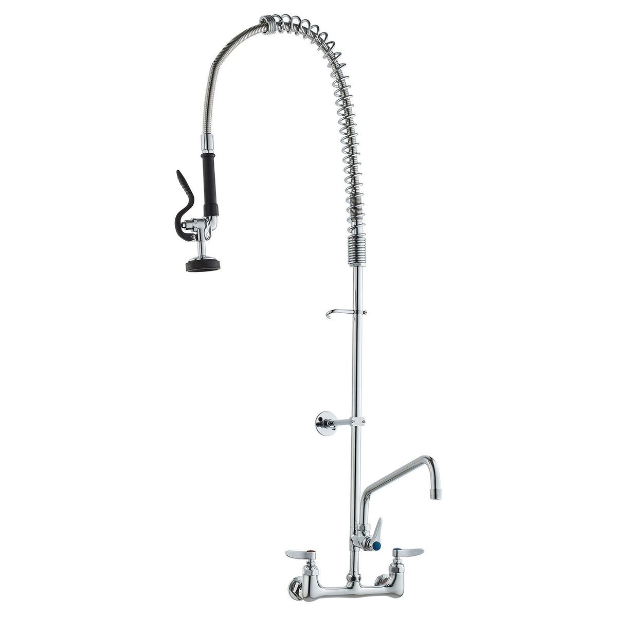 Wall-Mounted Kitchen Faucet, 47" Tall, 8" Apart, with 12" Rotating Spout and Pre-Rinse Spray, Brass Build, Pull-Down Feature for Multi-Compartment Sinks