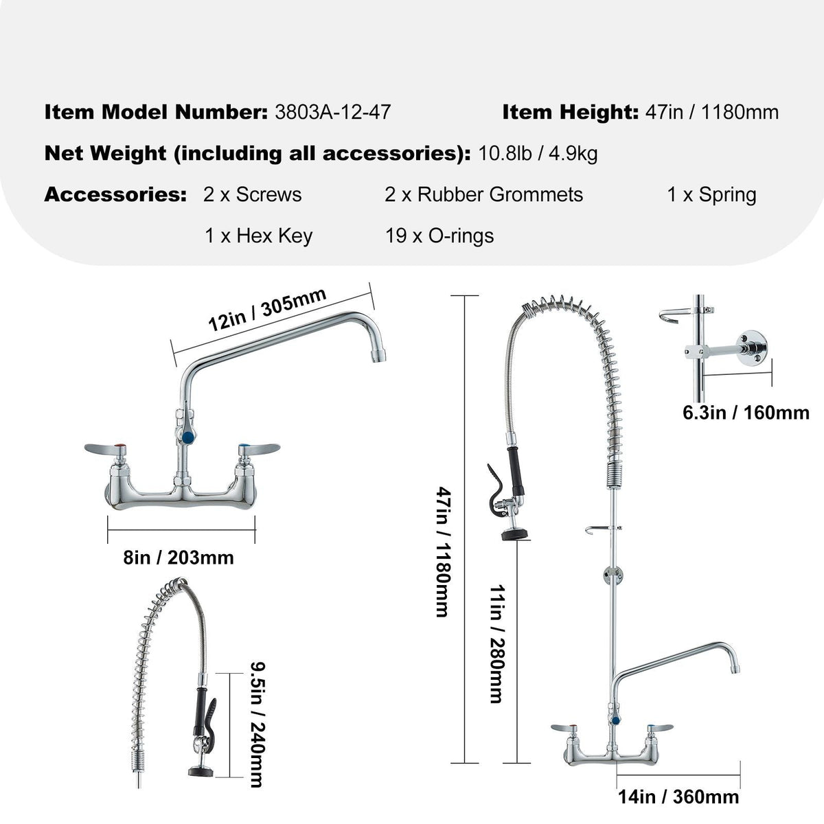 Wall-Mounted Kitchen Faucet, 47" Tall, 8" Apart, with 12" Rotating Spout and Pre-Rinse Spray, Brass Build, Pull-Down Feature for Multi-Compartment Sinks
