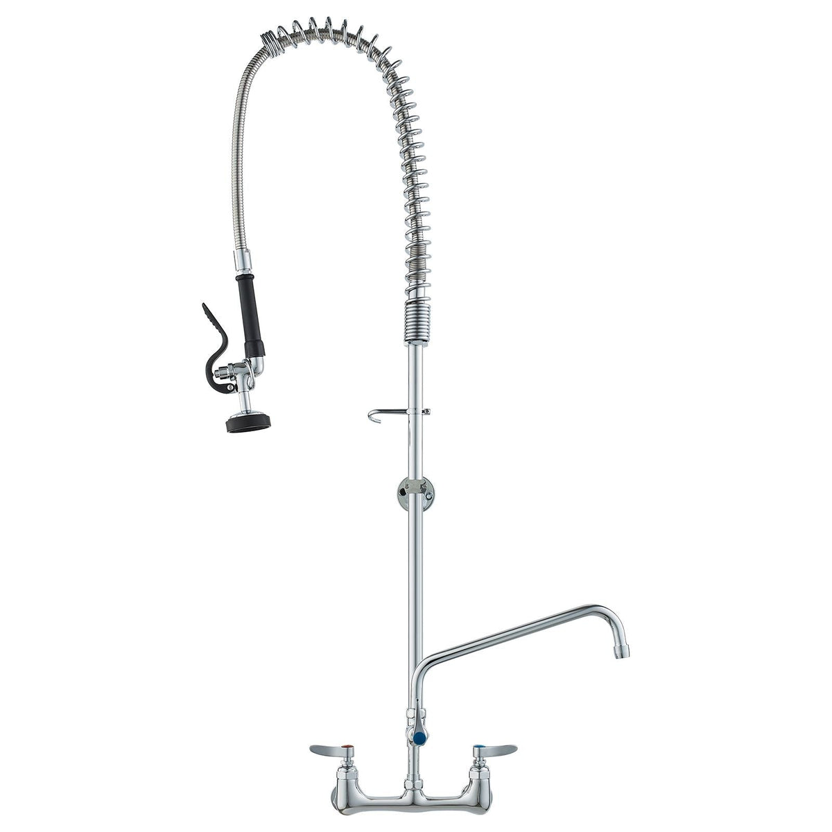 Wall-Mounted Kitchen Faucet, 47" Tall, 8" Apart, with 12" Rotating Spout and Pre-Rinse Spray, Brass Build, Pull-Down Feature for Multi-Compartment Sinks