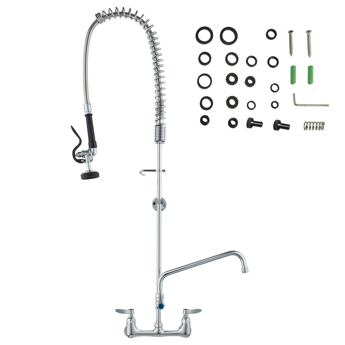 Wall-Mounted Kitchen Faucet, 47" Tall, 8" Apart, with 12" Rotating Spout and Pre-Rinse Spray, Brass Build, Pull-Down Feature for Multi-Compartment Sinks