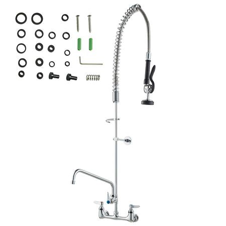 Wall-Mounted Kitchen Faucet, 47" Tall, 8" Apart, with 12" Rotating Spout and Pre-Rinse Spray, Brass Build, Pull-Down Feature for Multi-Compartment Sinks