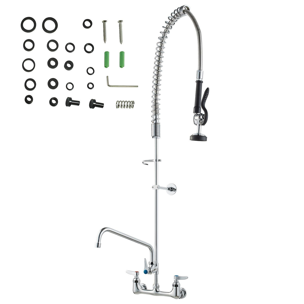 Wall-Mounted Kitchen Faucet, 47" Tall, 8" Apart, with 12" Rotating Spout and Pre-Rinse Spray, Brass Build, Pull-Down Feature for Multi-Compartment Sinks