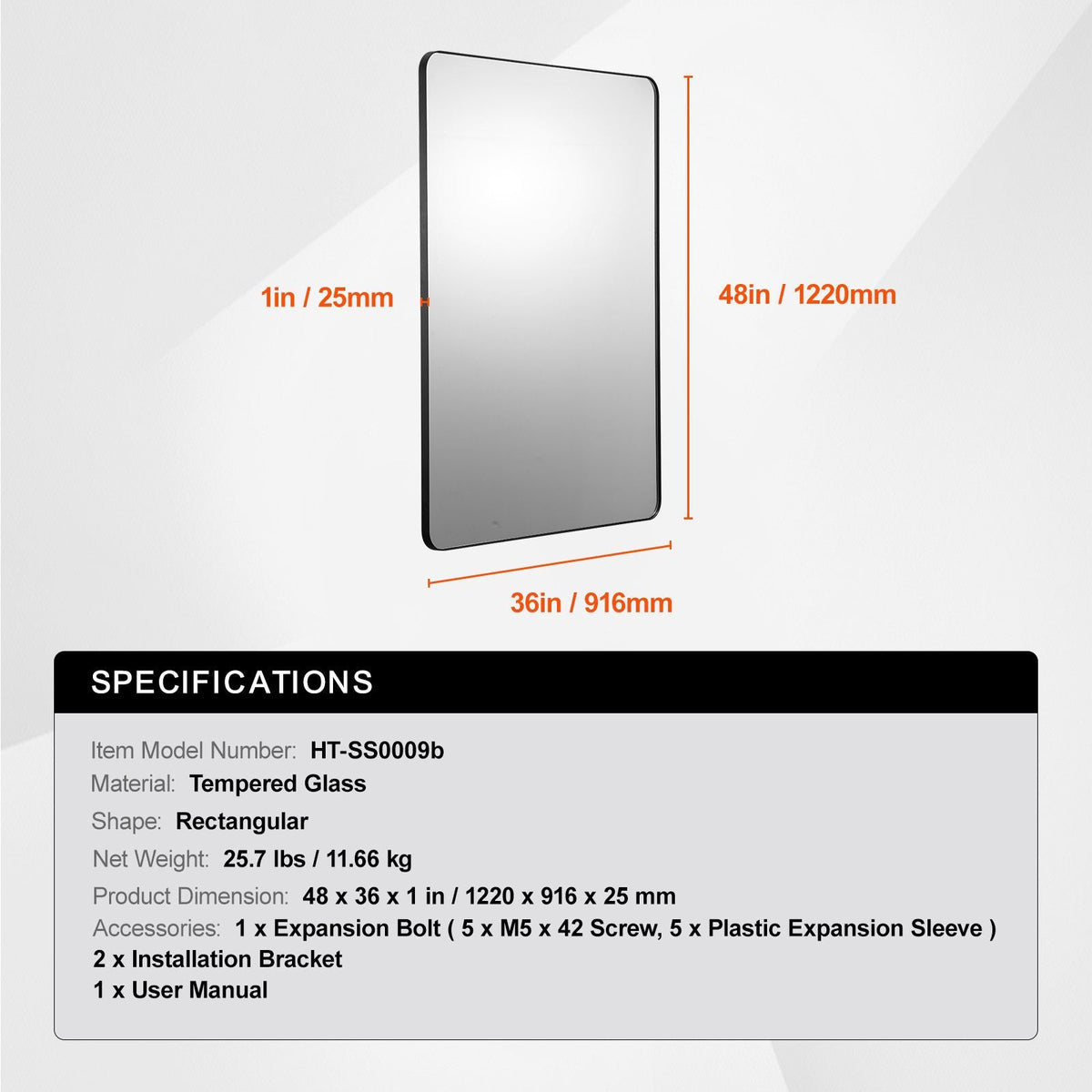 Wall Mounted Makeup Mirror, 0.15" Thick, 36" x 48" Mirror with Aluminium Alloy Frame & Explosion-Proof Film, Scratch-Resistant Mirror with Z-Shaped Bracket, Fit for Bathroom/Bedroom/Living Room