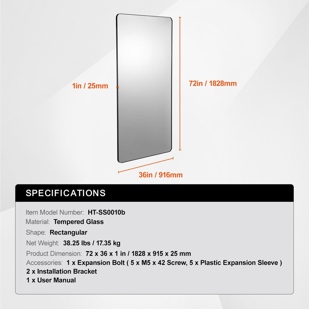 Wall Mounted Makeup Mirror, 0.15" Thick, 36" x 72" Mirror with Aluminium Alloy Frame & Explosion-Proof Film, Scratch-Resistant Mirror with Z-Shaped Bracket, Fit for Bathroom/Bedroom/Living Room