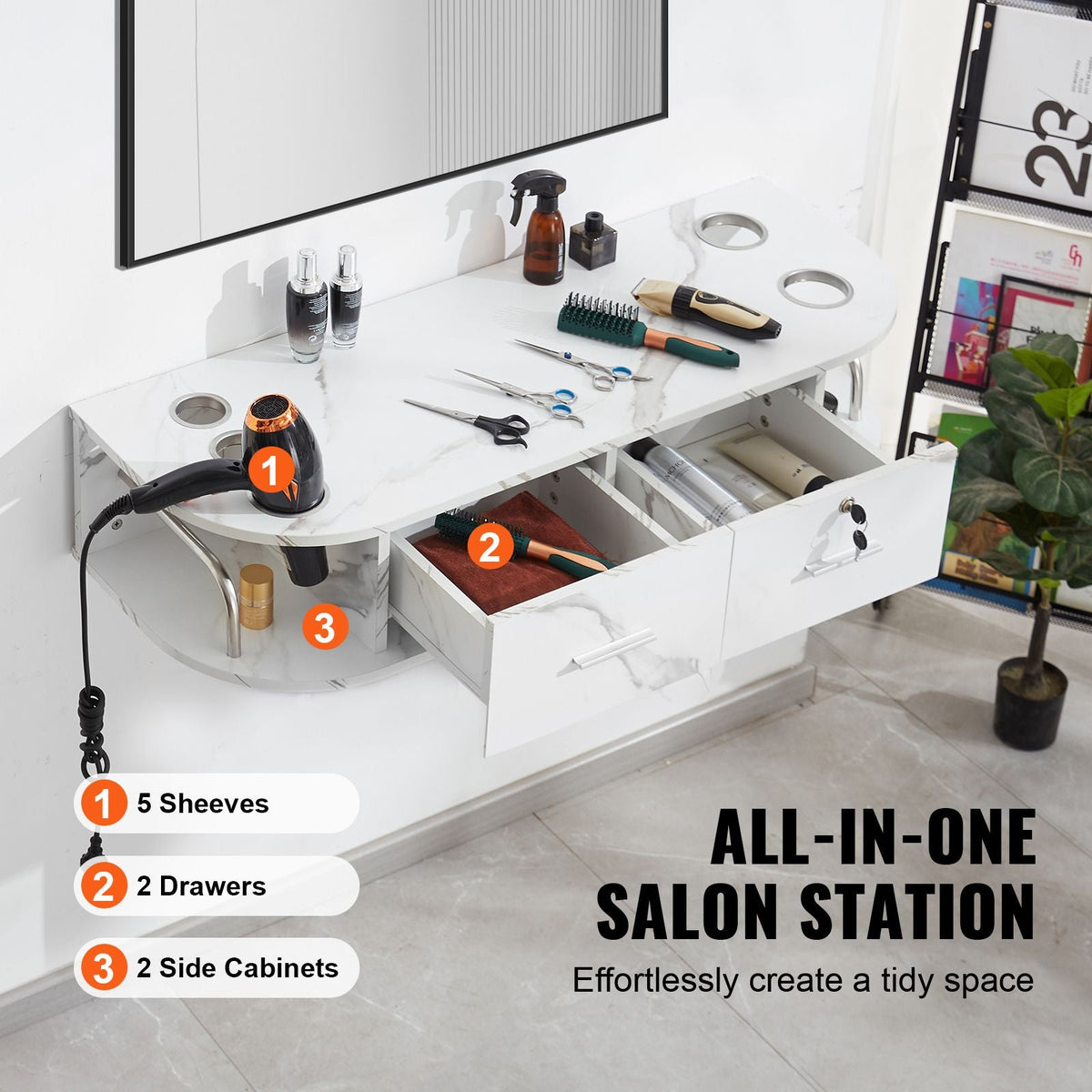 Wall-Mounted Salon Station, Equipped with 5 Holders for Hair Dryers, Includes 2 Drawers (One with Lock), Ideal for SPA, Barber Shops, Home & Bathroom Use, in Elegant Marble White