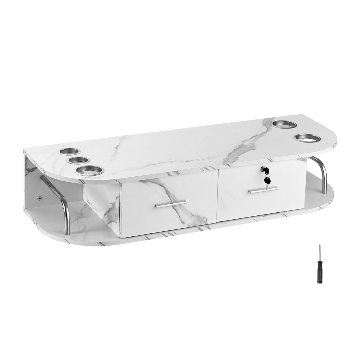Wall-Mounted Salon Station, Equipped with 5 Holders for Hair Dryers, Includes 2 Drawers (One with Lock), Ideal for SPA, Barber Shops, Home & Bathroom Use, in Elegant Marble White
