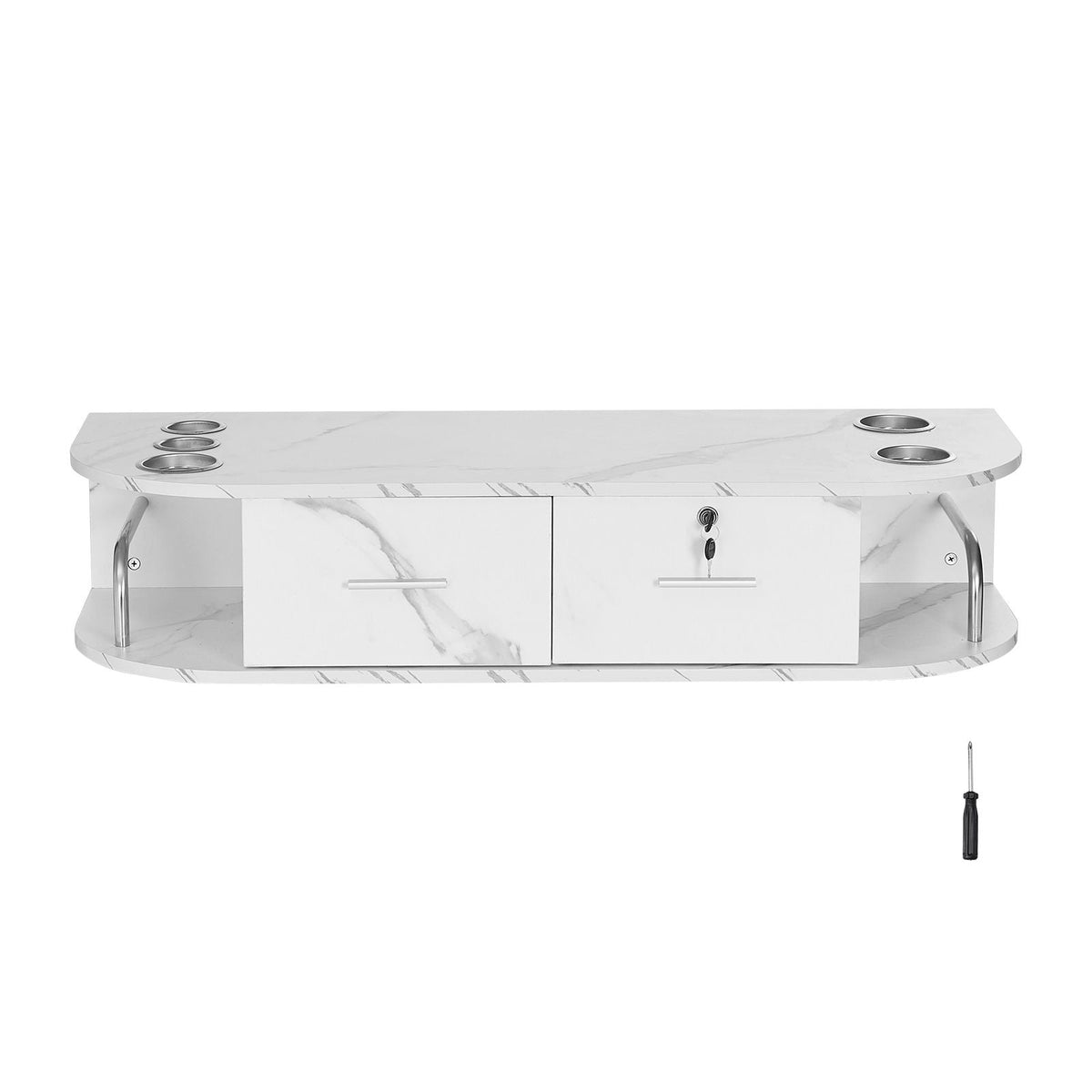 Wall-Mounted Salon Station, Equipped with 5 Holders for Hair Dryers, Includes 2 Drawers (One with Lock), Ideal for SPA, Barber Shops, Home & Bathroom Use, in Elegant Marble White