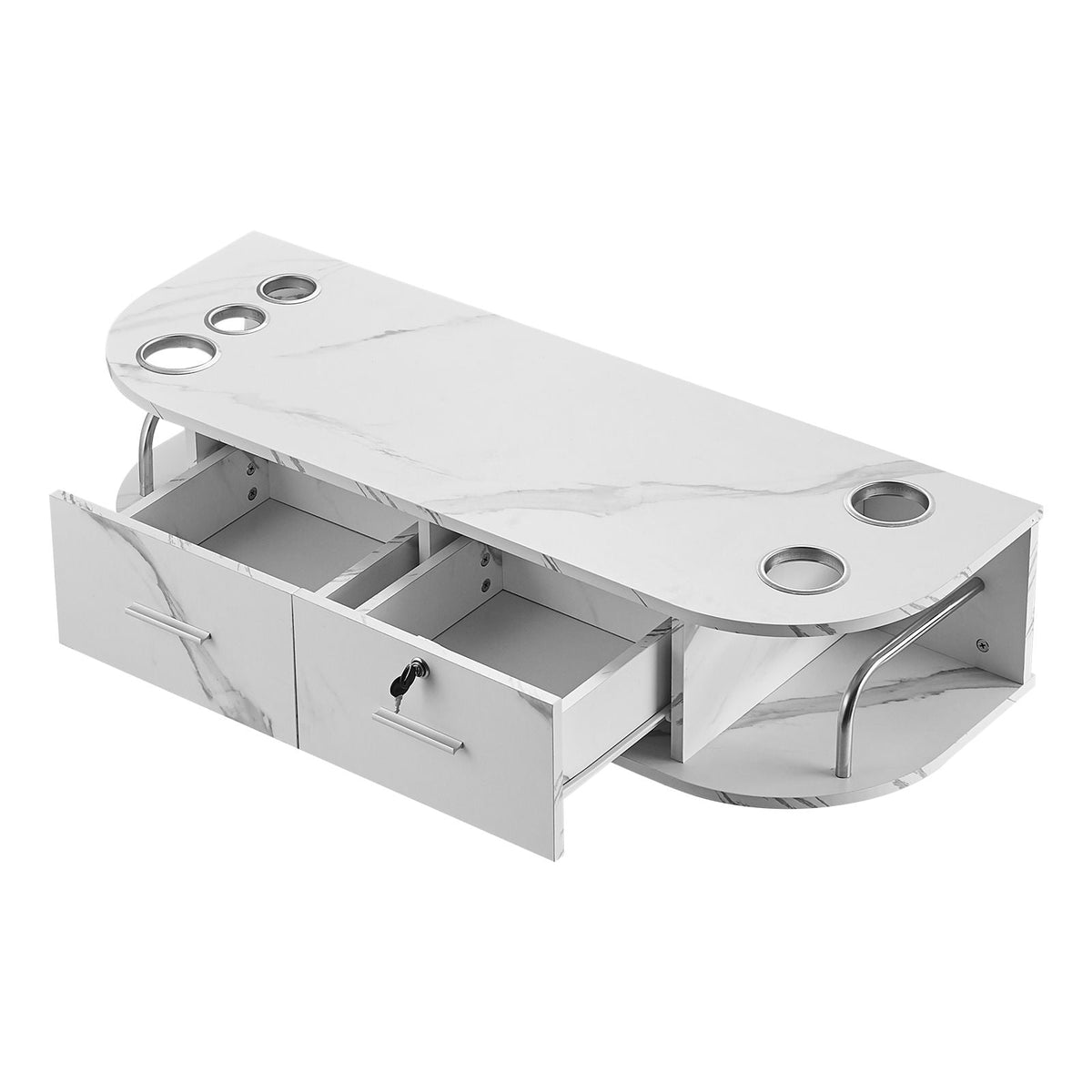 Wall-Mounted Salon Station, Equipped with 5 Holders for Hair Dryers, Includes 2 Drawers (One with Lock), Ideal for SPA, Barber Shops, Home & Bathroom Use, in Elegant Marble White