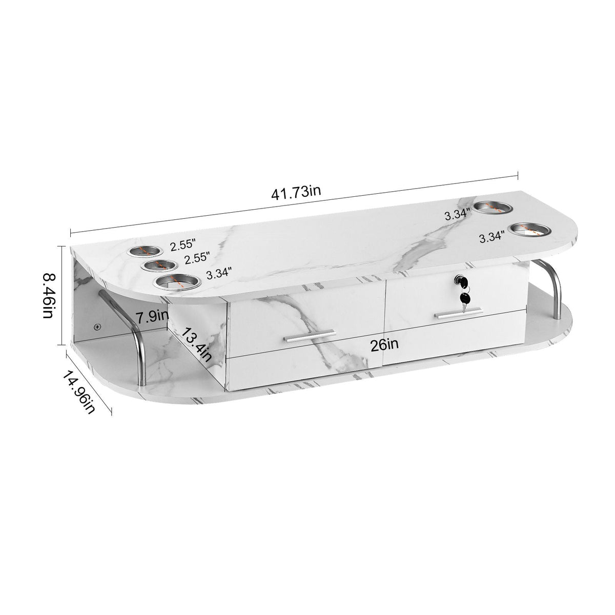 Wall-Mounted Salon Station, Equipped with 5 Holders for Hair Dryers, Includes 2 Drawers (One with Lock), Ideal for SPA, Barber Shops, Home & Bathroom Use, in Elegant Marble White