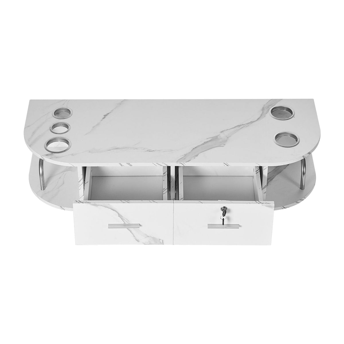 Wall-Mounted Salon Station, Equipped with 5 Holders for Hair Dryers, Includes 2 Drawers (One with Lock), Ideal for SPA, Barber Shops, Home & Bathroom Use, in Elegant Marble White
