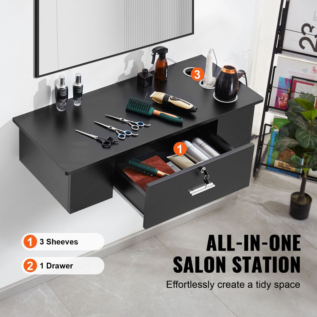 Wall-Mounted Salon Workstation, Equipped with 3 Holders for Hair Dryers, Secure Drawer with Lock, Ideal for SPA, Hairdressing Salons, Home & Bathroom Use, in Sleek Black