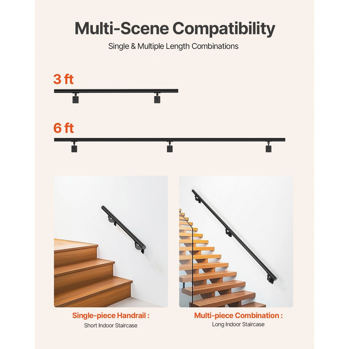 Wall Mounted Stair Handrail, 6ft Pipe Staircase Handrail, Black Galvanized Aluminum, 1.26 inch Pipe Diameter, Indoor&Outdoor Staircase Railing,Industrial Hand Rail for Steps,Security Baluster