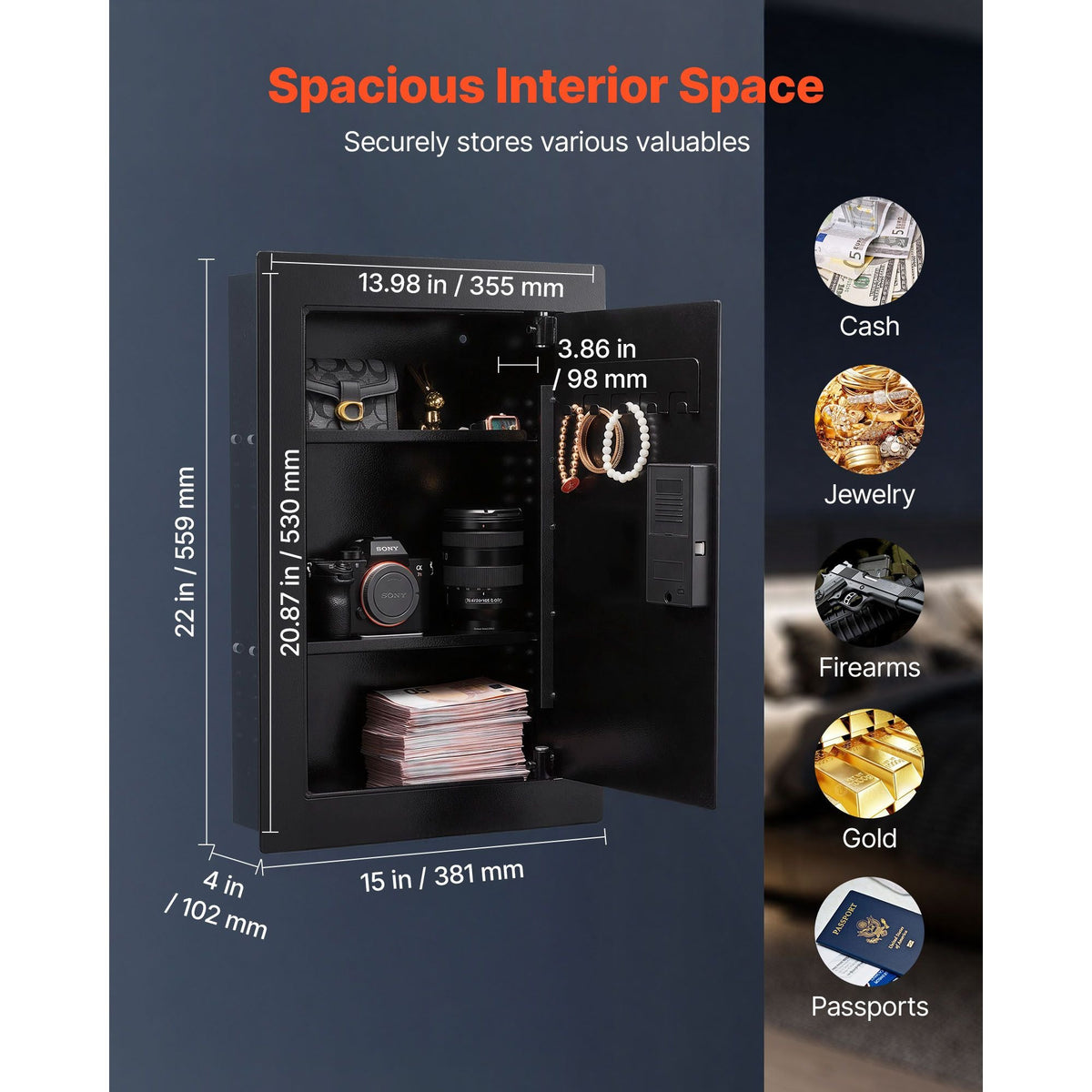 Wall Safe, 3-Tier Hidden Wall Safe with Fingerprint, Password, Key & Turning Knob, Q235 Cold-Rolled Steel In-Wall Box with Adjustable Shelves & Key Holders for Money, Jewelry, Passport, Document
