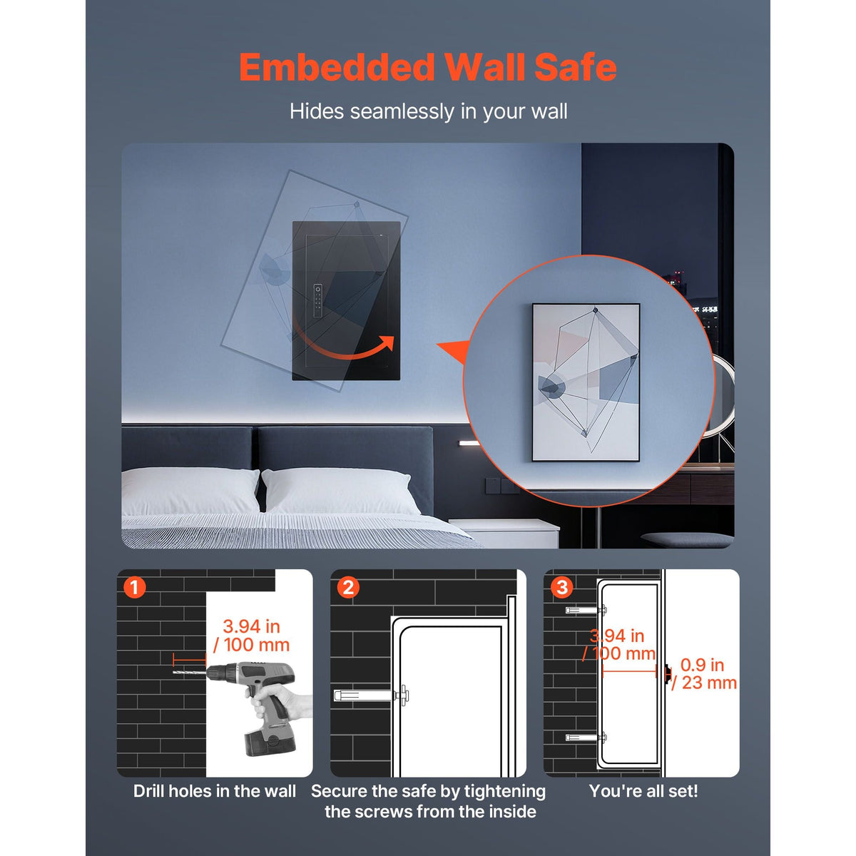 Wall Safe, 3-Tier Hidden Wall Safe with Fingerprint, Password, Key & Turning Knob, Q235 Cold-Rolled Steel In-Wall Box with Adjustable Shelves & Key Holders for Money, Jewelry, Passport, Document