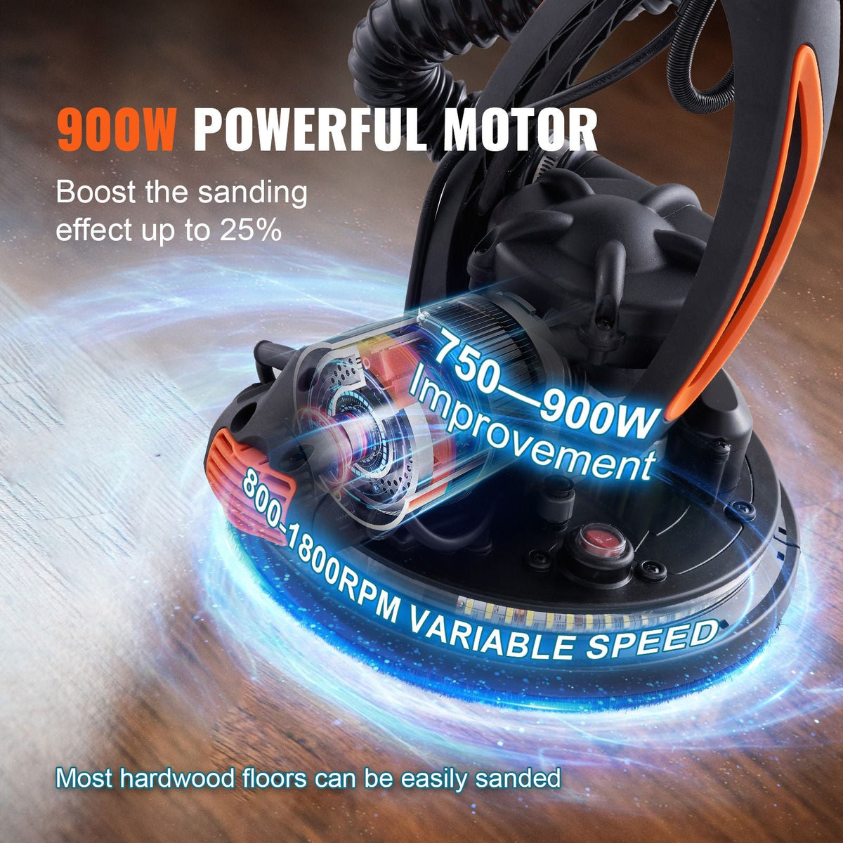 Wall Smoother, 900W Power Tool, Includes 12 Sanding Pads, Adjustable Speeds from 800-1800 RPM, 3 Vacuum Tubes, Collapsible Design for Ceilings, Dual LED, Telescopic Grip & Dust Collector
