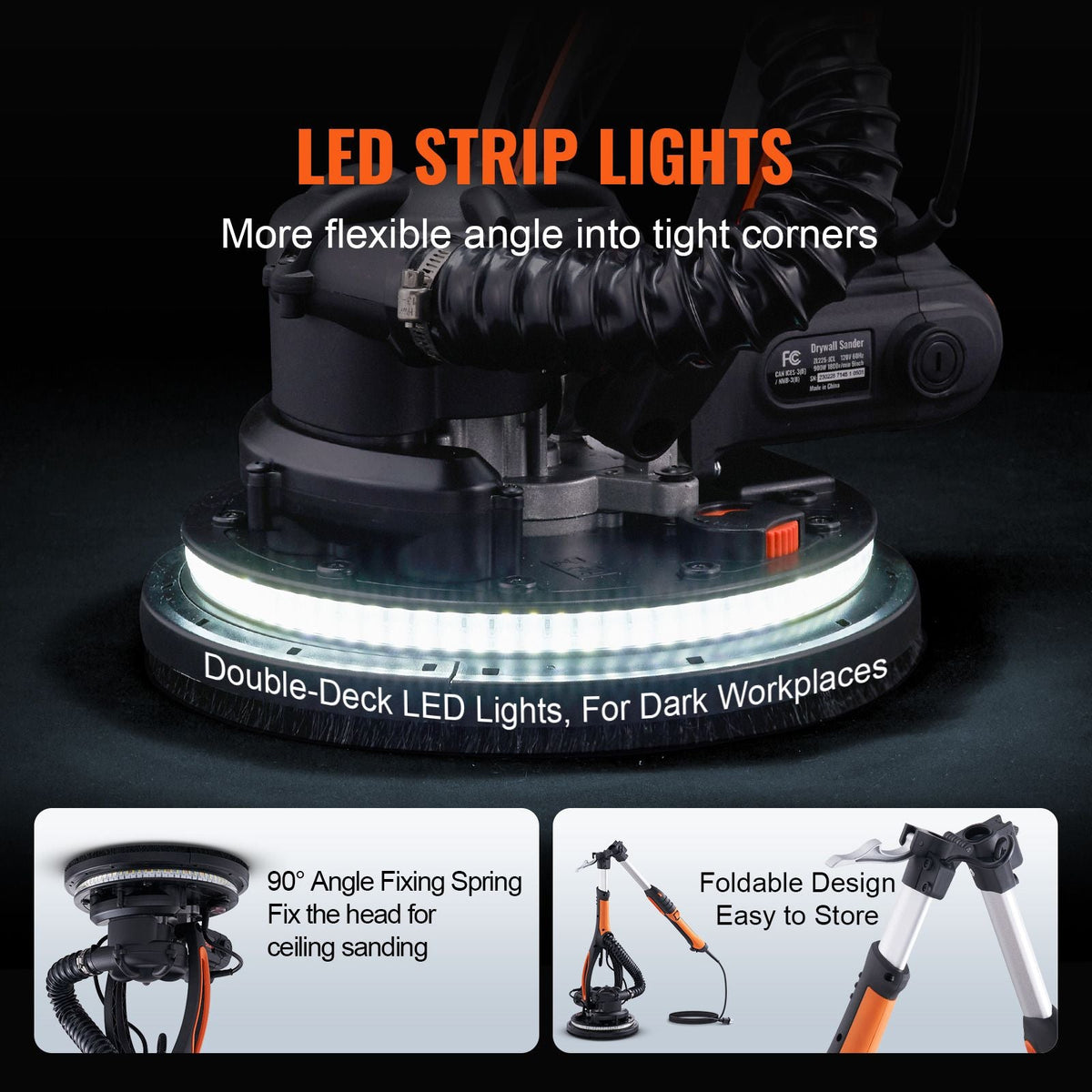 Wall Smoother, 900W Power Tool, Includes 12 Sanding Pads, Adjustable Speeds from 800-1800 RPM, 3 Vacuum Tubes, Collapsible Design for Ceilings, Dual LED, Telescopic Grip & Dust Collector