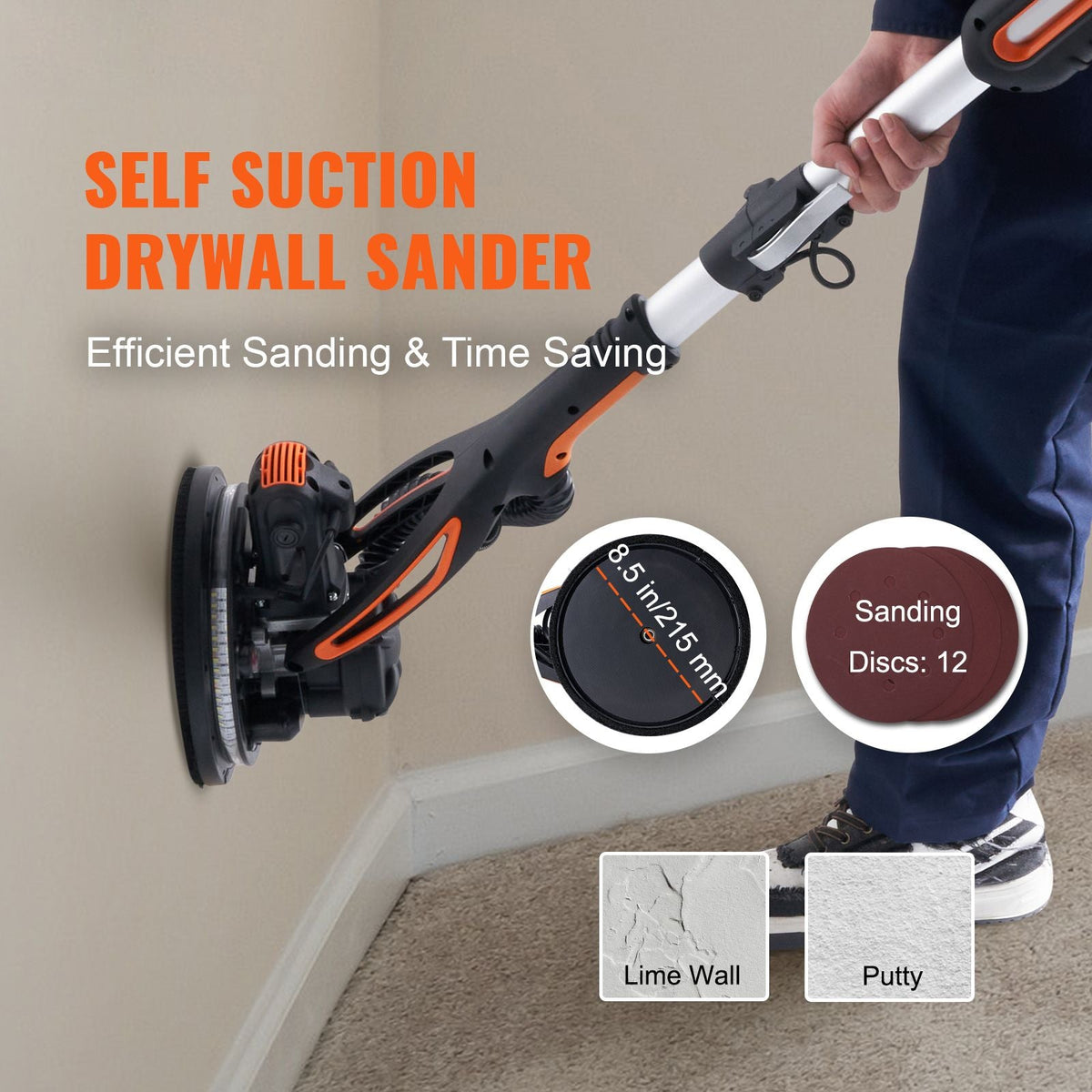 Wall Smoother, 900W Power Tool, Includes 12 Sanding Pads, Adjustable Speeds from 800-1800 RPM, 3 Vacuum Tubes, Collapsible Design for Ceilings, Dual LED, Telescopic Grip & Dust Collector
