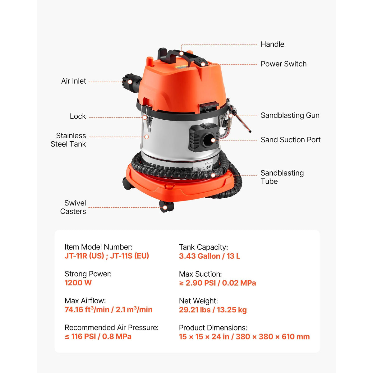 Walnut Blaster Kit for Carbon Cleaning, 1200W Sand Blaster with Built-in Vacuum, Extension Nozzle Sandblaster Gun, and 5.5lbs Walnut Shell for Engine Intake Valve Cleaning - 13L